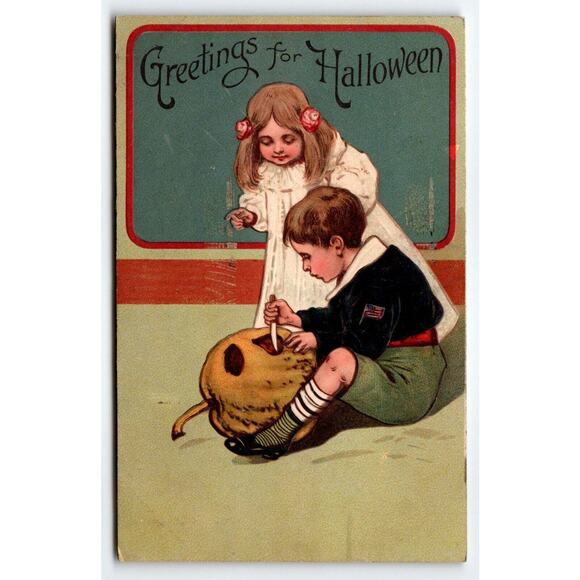 Halloween Greetings Postcard Boy Girl JOL Germany PFB Series 9422 Antique 1909